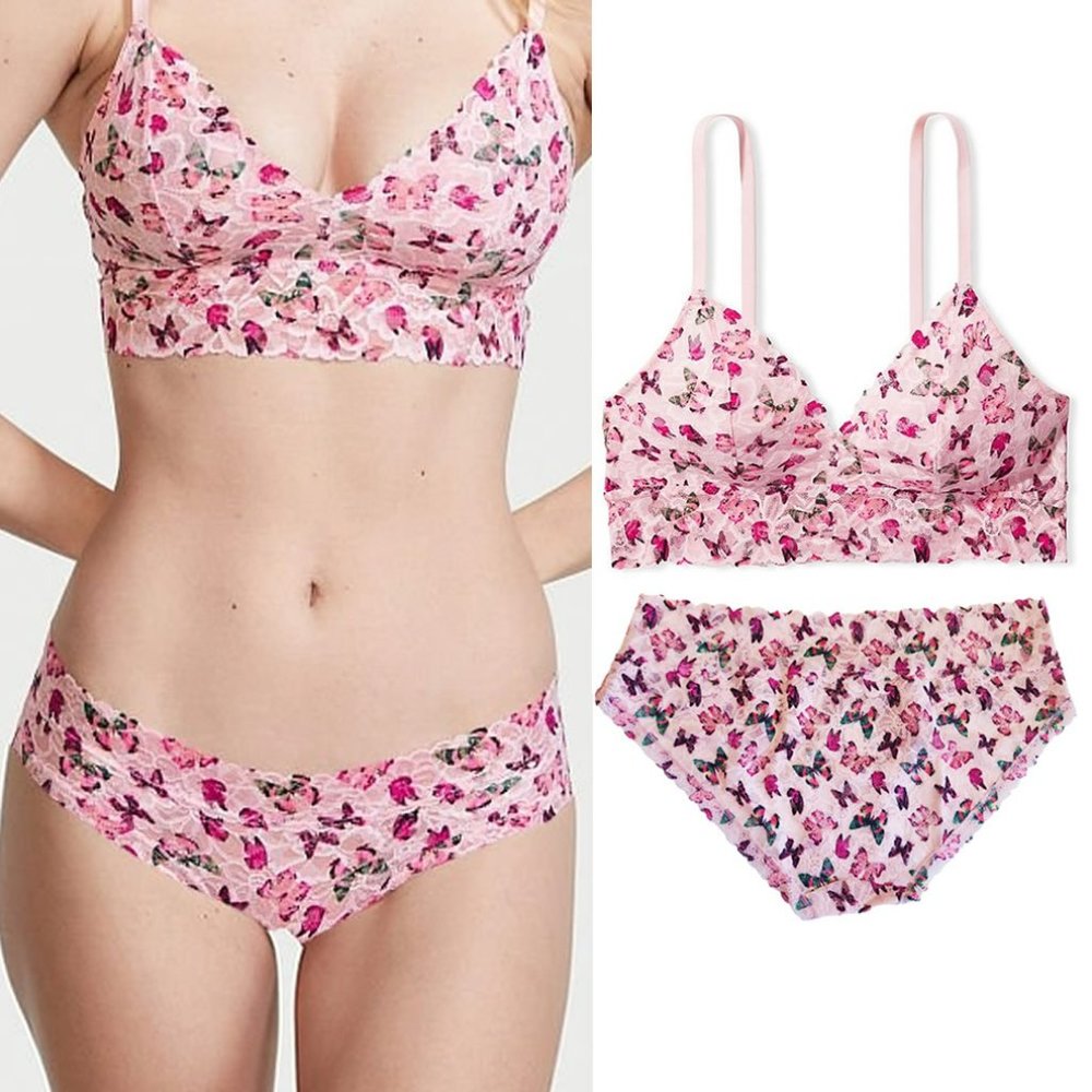 Pink Victoria's Secret Floral Bralette and Hiphugger Panty